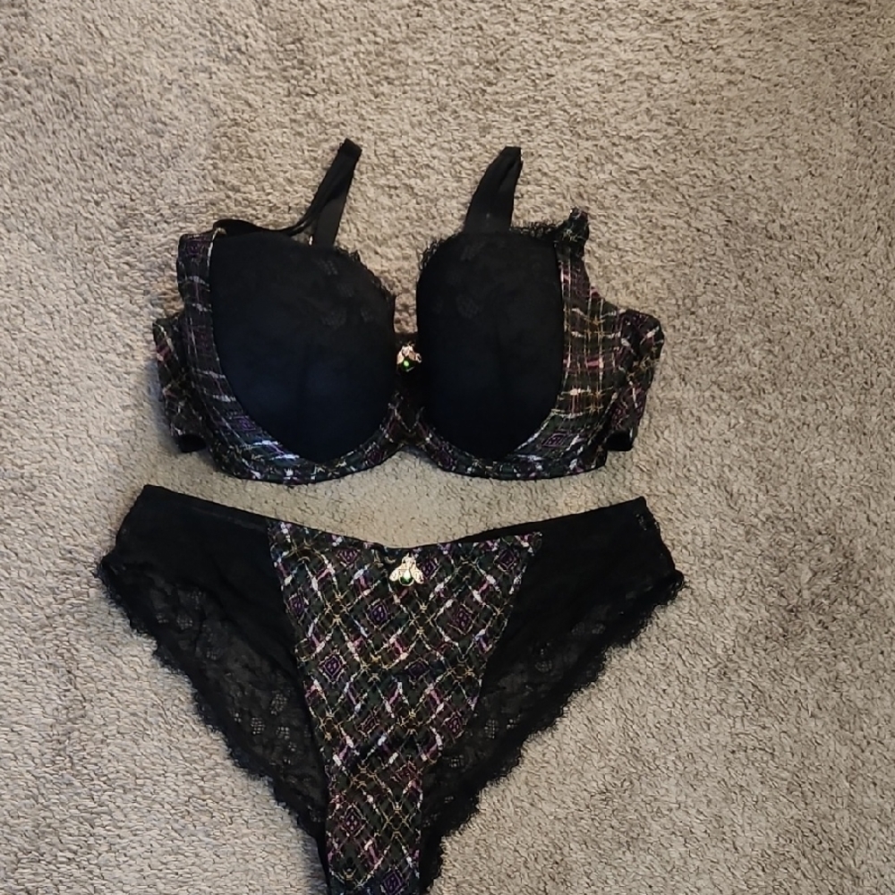 Savage Fenty Black and Multicolor Lace Balconette Bra and Panty Set